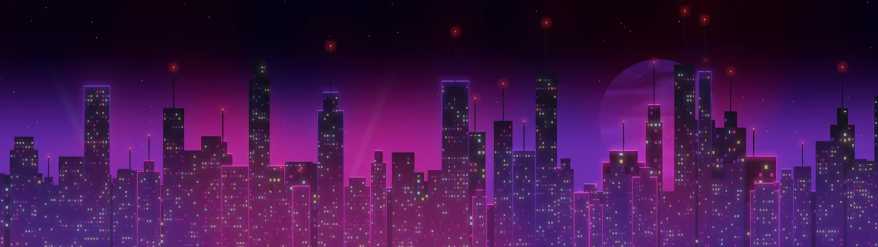 Dark Purple Cyberpunk Skyline dual monitor wallpaper, 7680 × 2160