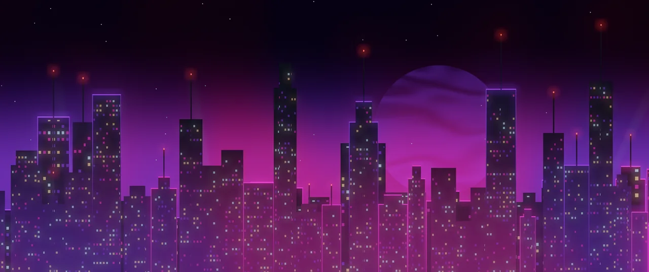 Dark Purple Cyberpunk Skyline ultrawide wallpaper, 3440 × 1440