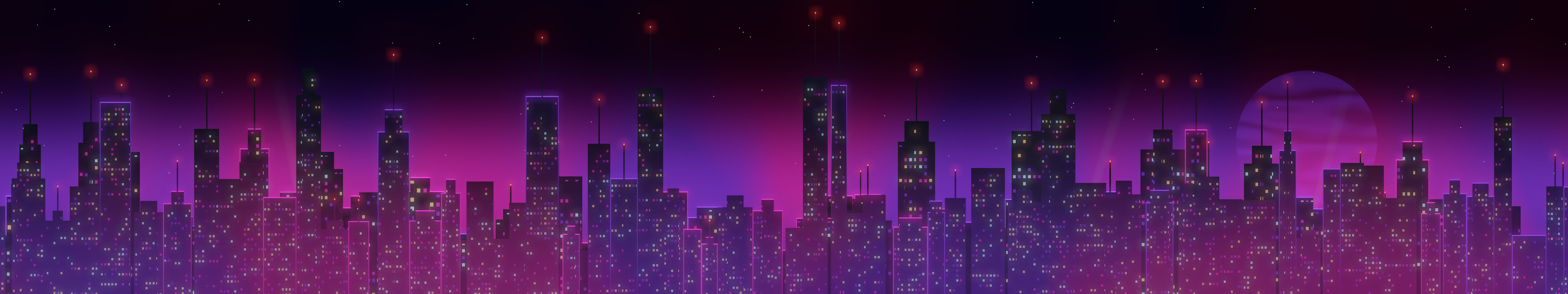 Dark Purple Cyberpunk Skyline triple monitor wallpaper, 7680 × 1440