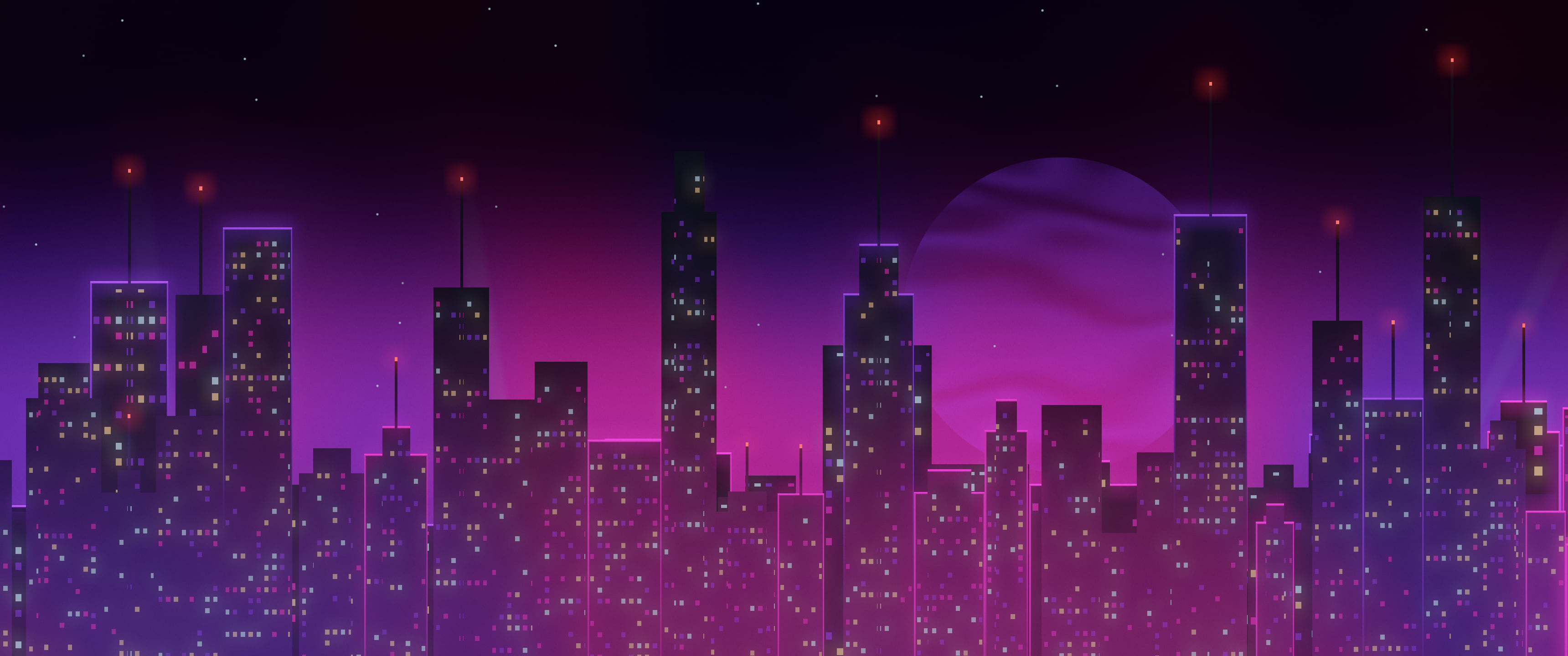Dark Purple Cyberpunk Skyline ultrawide wallpaper, 3440 × 1440