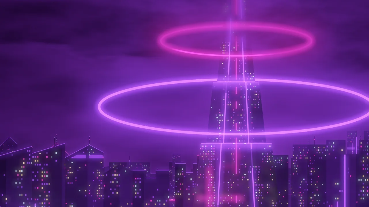 Dark Purple Cyberpunk Tower desktop wallpaper in 4K