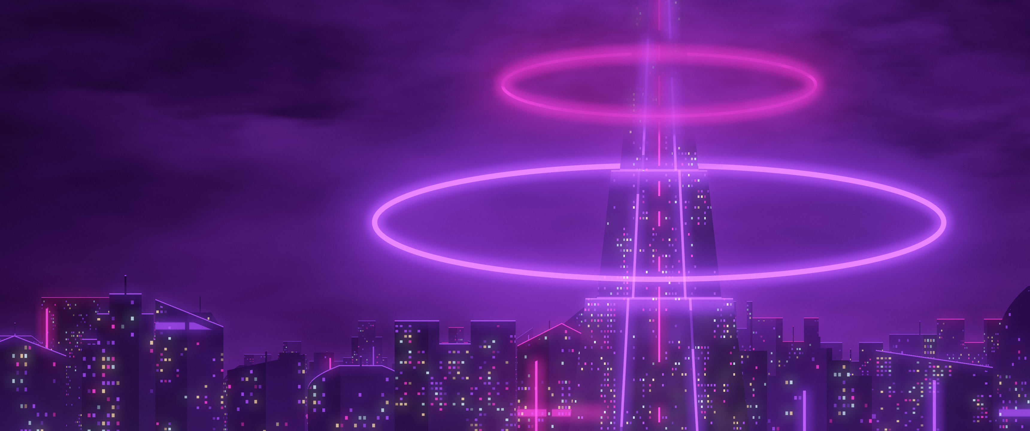 Dark Purple Cyberpunk Tower ultrawide wallpaper, 3440 × 1440