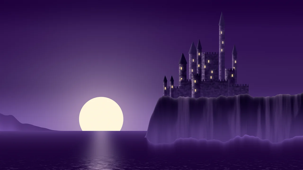 Dark Purple Fantasy Castle at Sunset desktop wallpaper in 4K