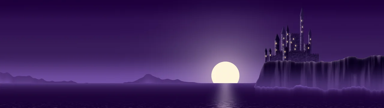 Dark Purple Fantasy Castle at Sunset dual monitor wallpaper, 7680 × 2160