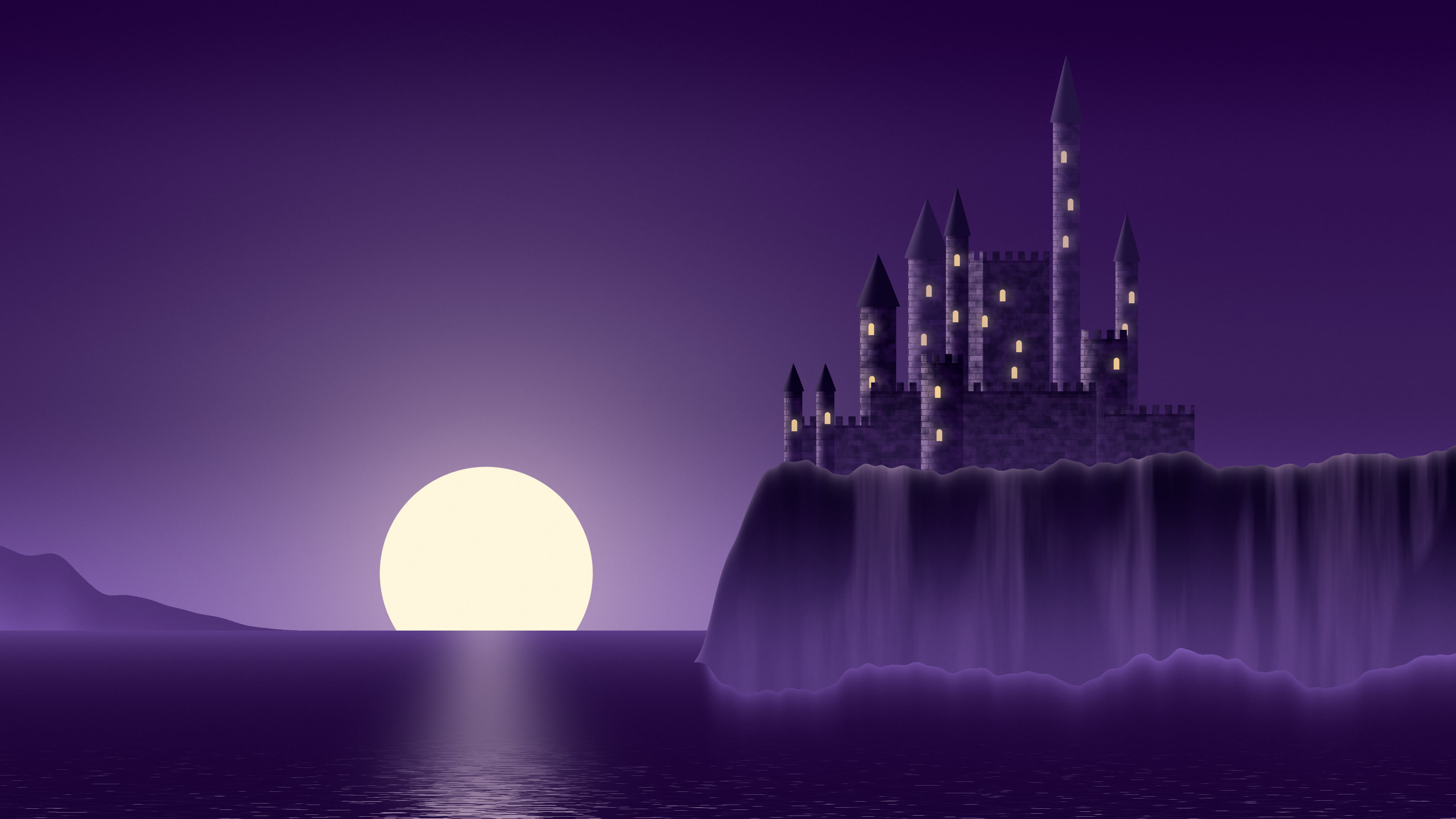 Dark Purple Fantasy Castle at Sunset desktop wallpaper in 4K