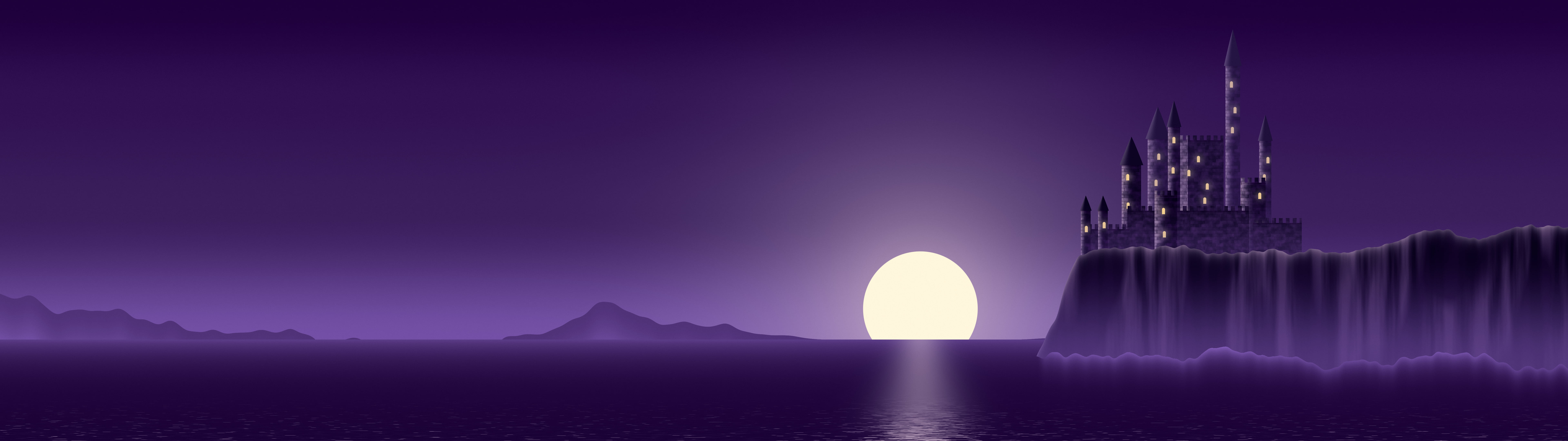Dark Purple Fantasy Castle at Sunset dual monitor wallpaper, 7680 × 2160