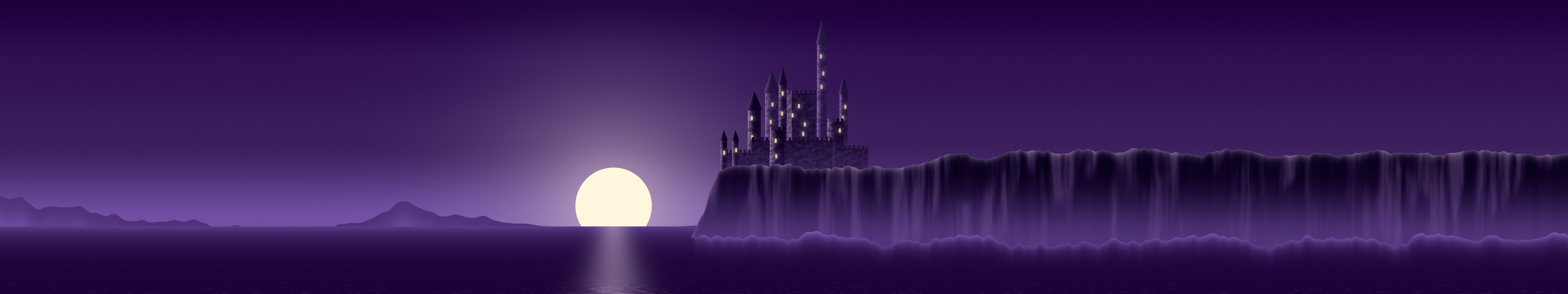 Dark Purple Fantasy Castle at Sunset triple monitor wallpaper, 7680 × 1440