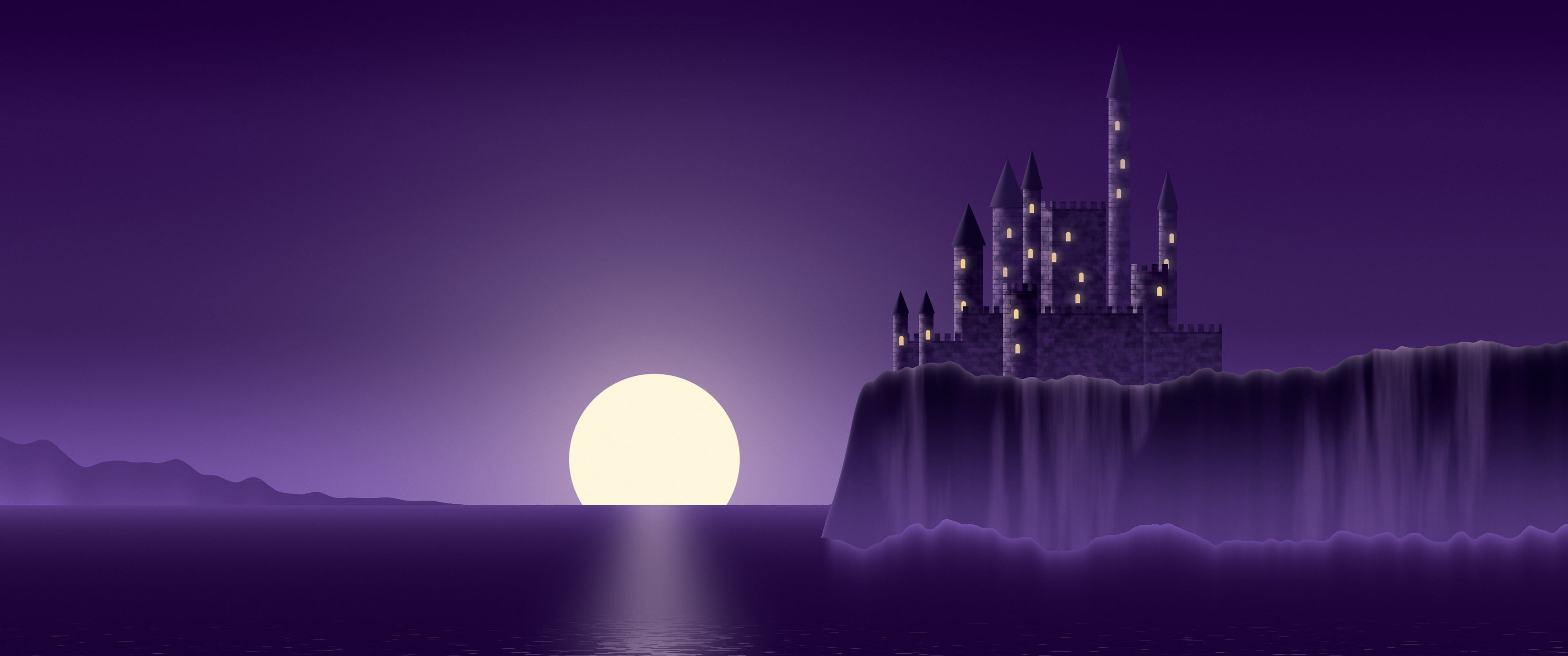 Dark Purple Fantasy Castle at Sunset ultrawide wallpaper, 3440 × 1440