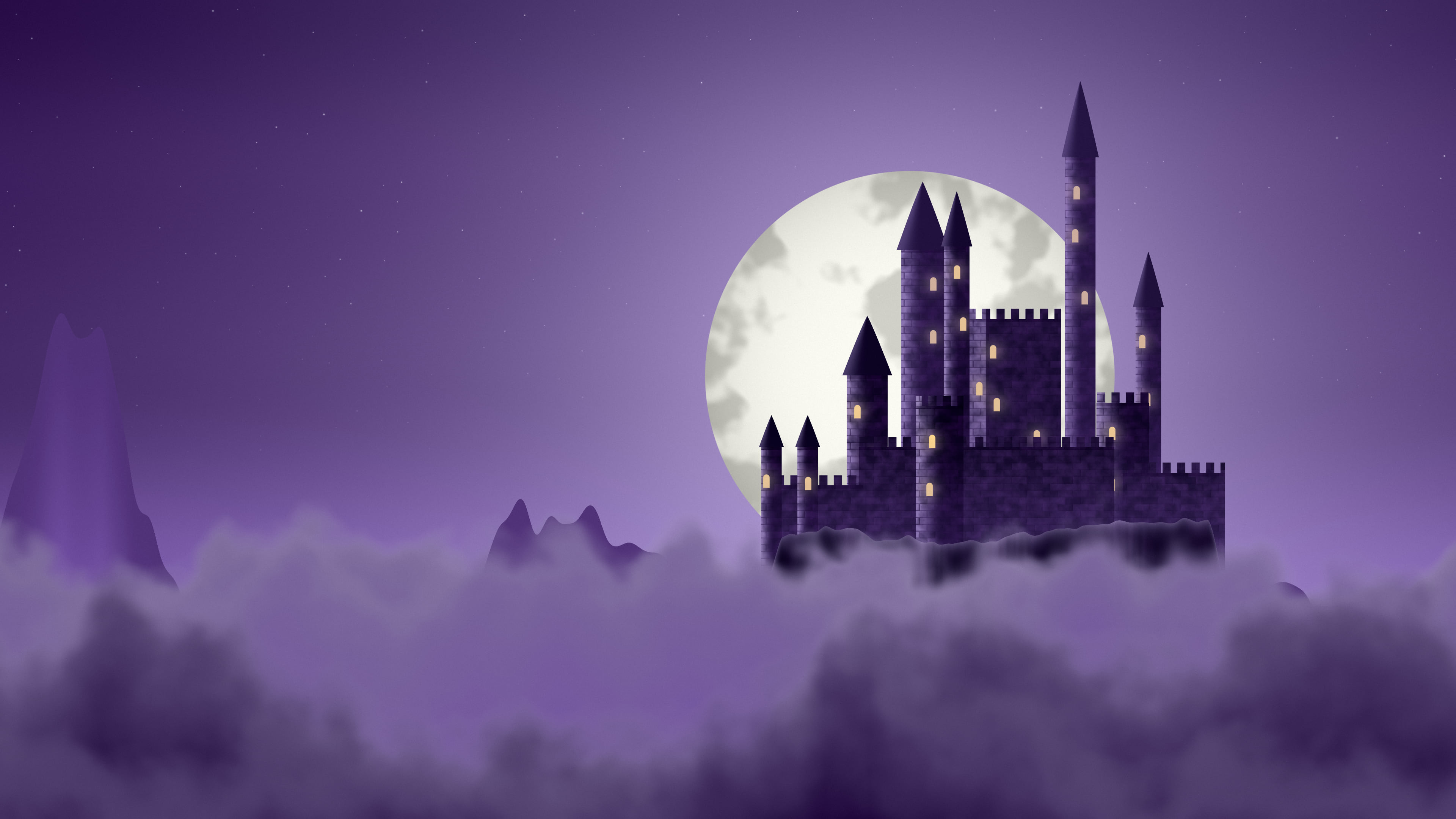 Dark Purple Fantasy Castle in the Clouds desktop wallpaper in 4K