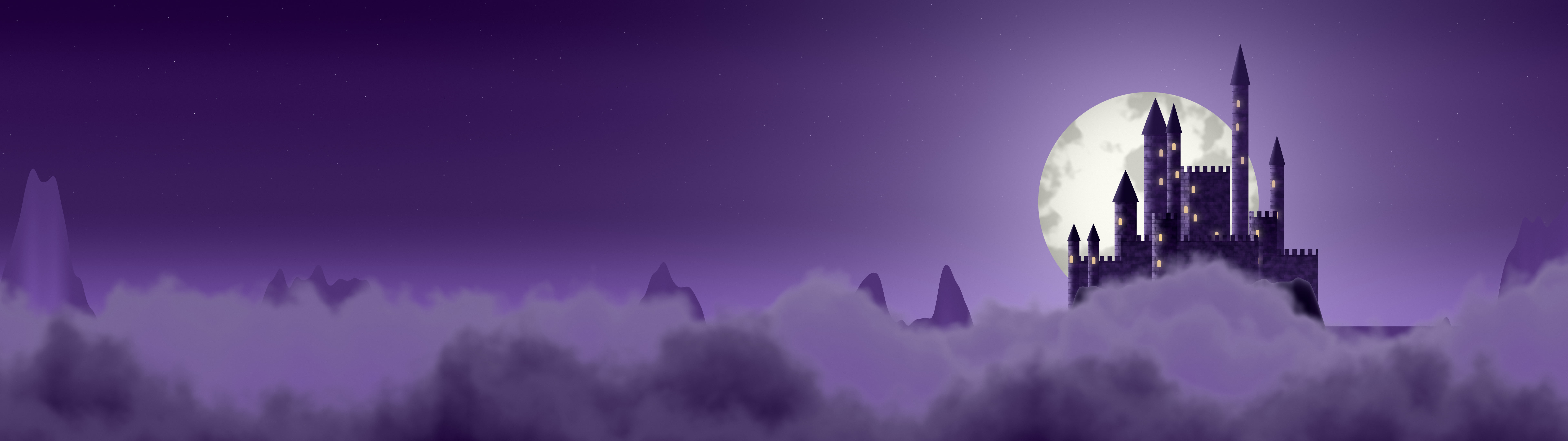 Dark Purple Fantasy Castle in the Clouds dual monitor wallpaper, 7680 × 2160
