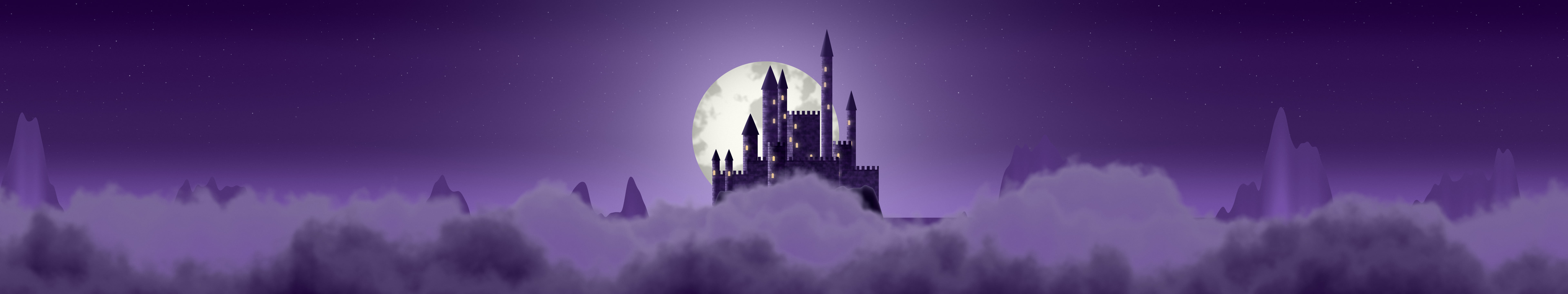 Dark Purple Fantasy Castle in the Clouds triple monitor wallpaper, 7680 × 1440
