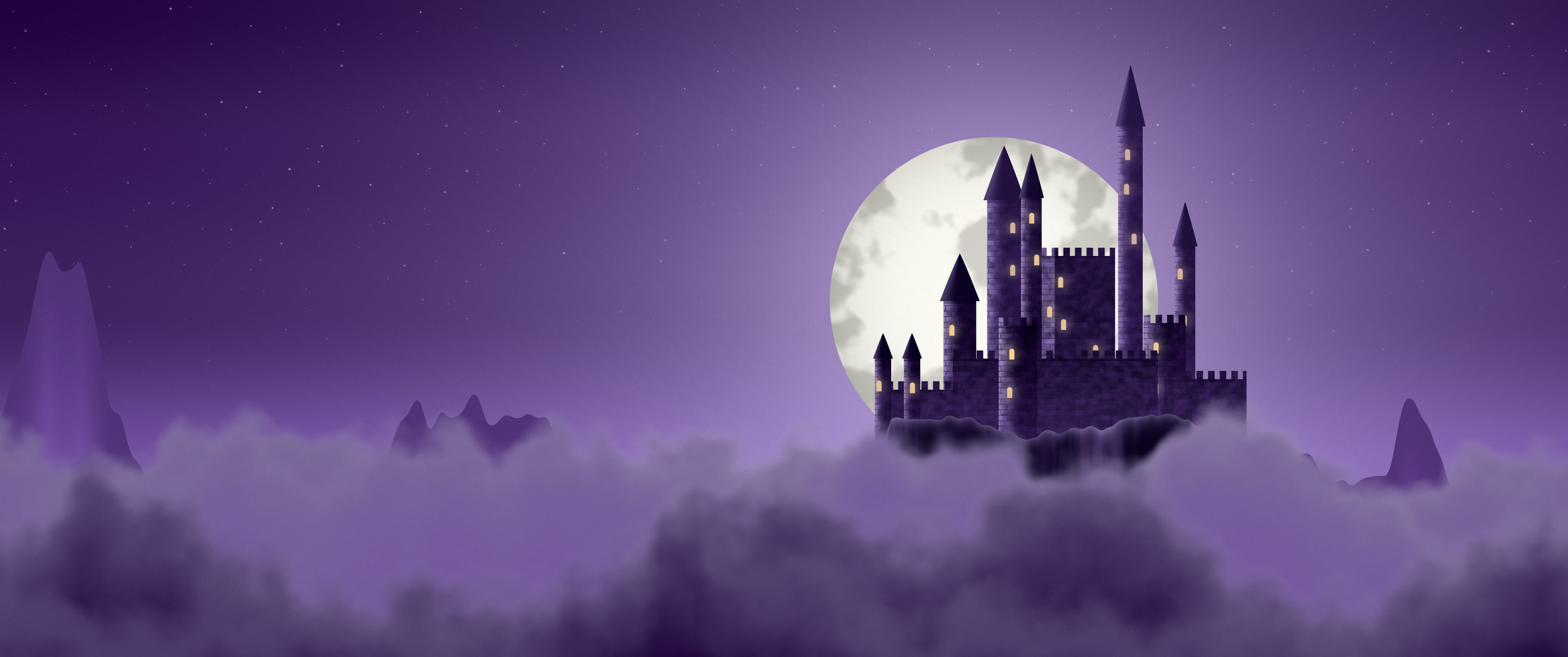 Dark Purple Fantasy Castle in the Clouds ultrawide wallpaper, 3440 × 1440