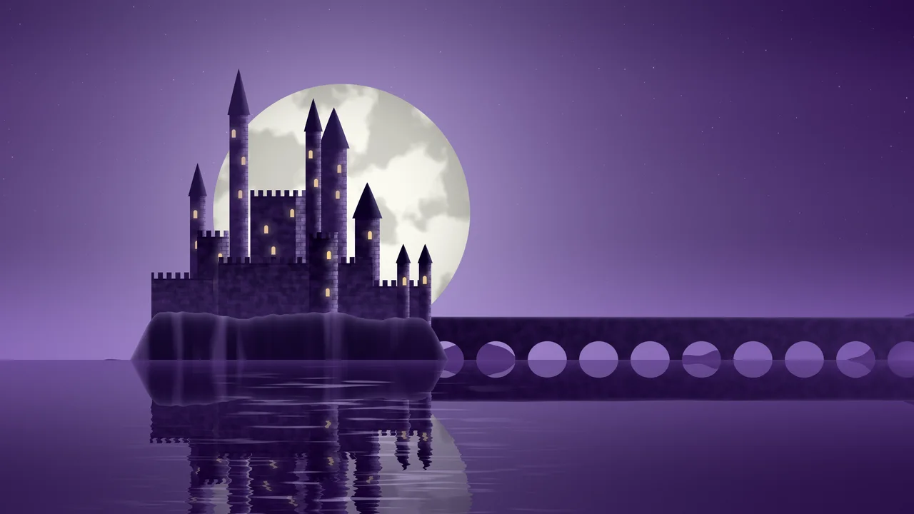 Dark Purple Fantasy Castle on a Lake desktop wallpaper in 4K
