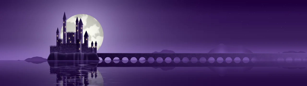 Dark Purple Fantasy Castle on a Lake dual monitor wallpaper, 7680 × 2160