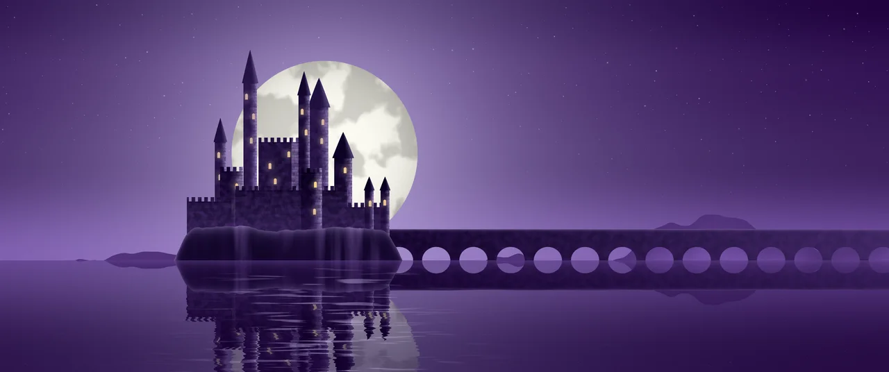 Dark Purple Fantasy Castle on a Lake ultrawide wallpaper, 3440 × 1440