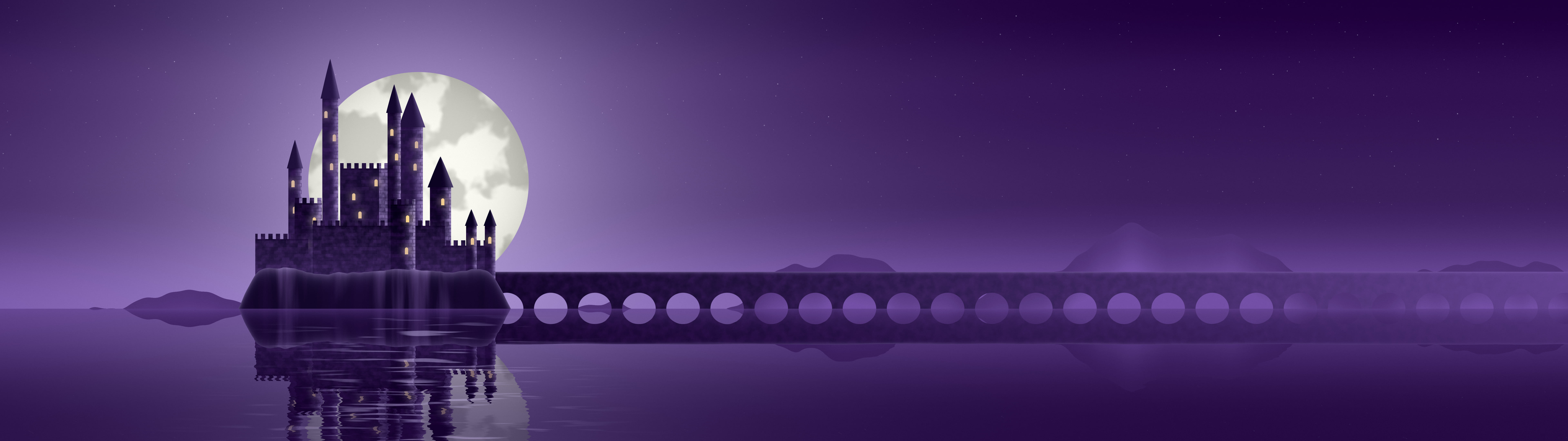 Dark Purple Fantasy Castle on a Lake dual monitor wallpaper, 7680 × 2160