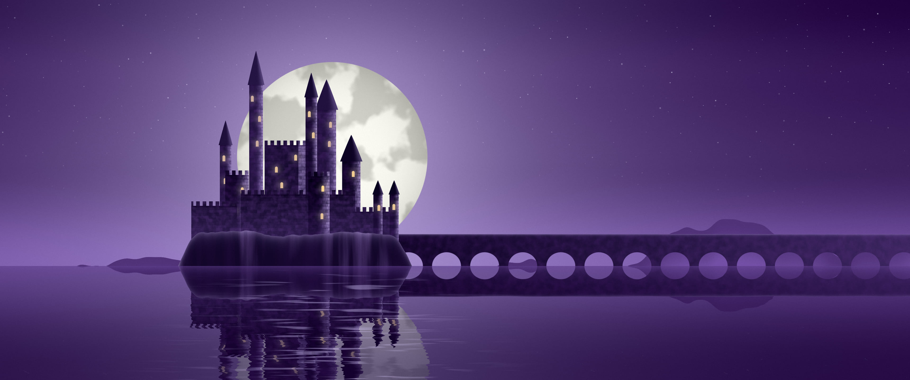Dark Purple Fantasy Castle on a Lake ultrawide wallpaper, 3440 × 1440