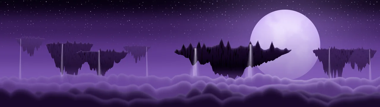 Dark Purple Fantasy Floating Islands dual monitor wallpaper, 7680 × 2160