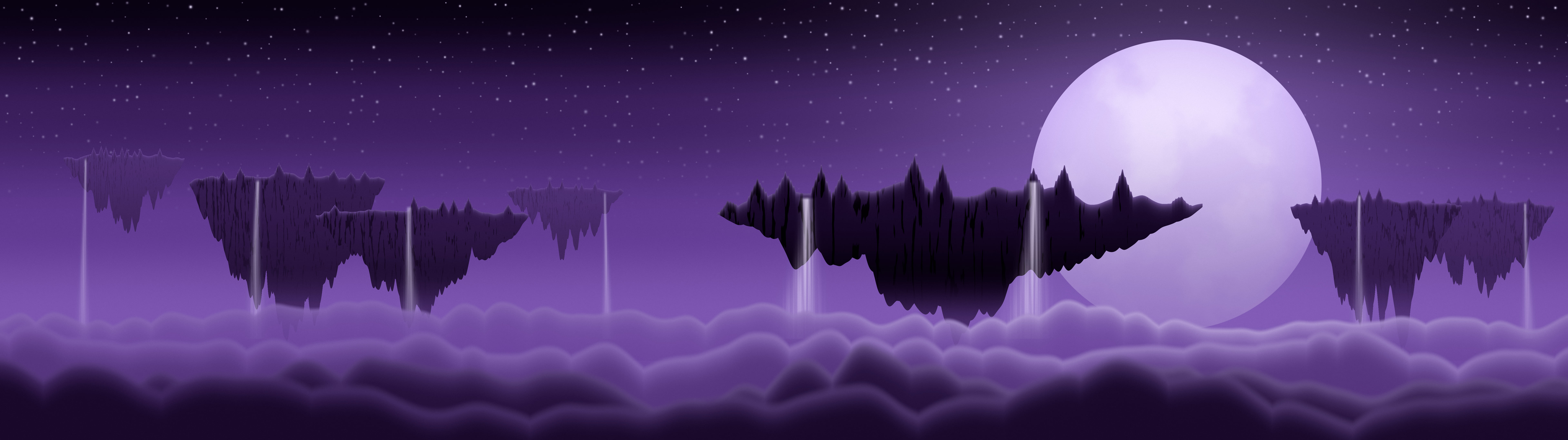 Dark Purple Fantasy Floating Islands dual monitor wallpaper, 7680 × 2160