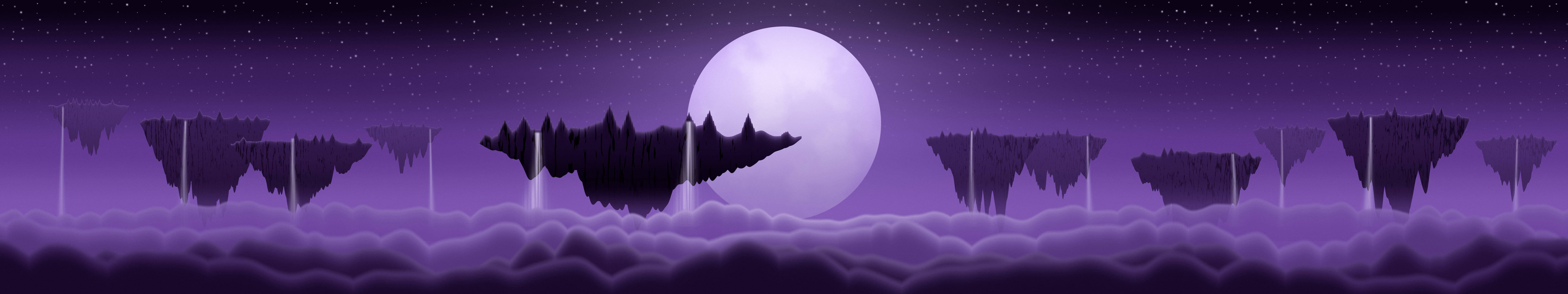 Dark Purple Fantasy Floating Islands triple monitor wallpaper, 7680 × 1440