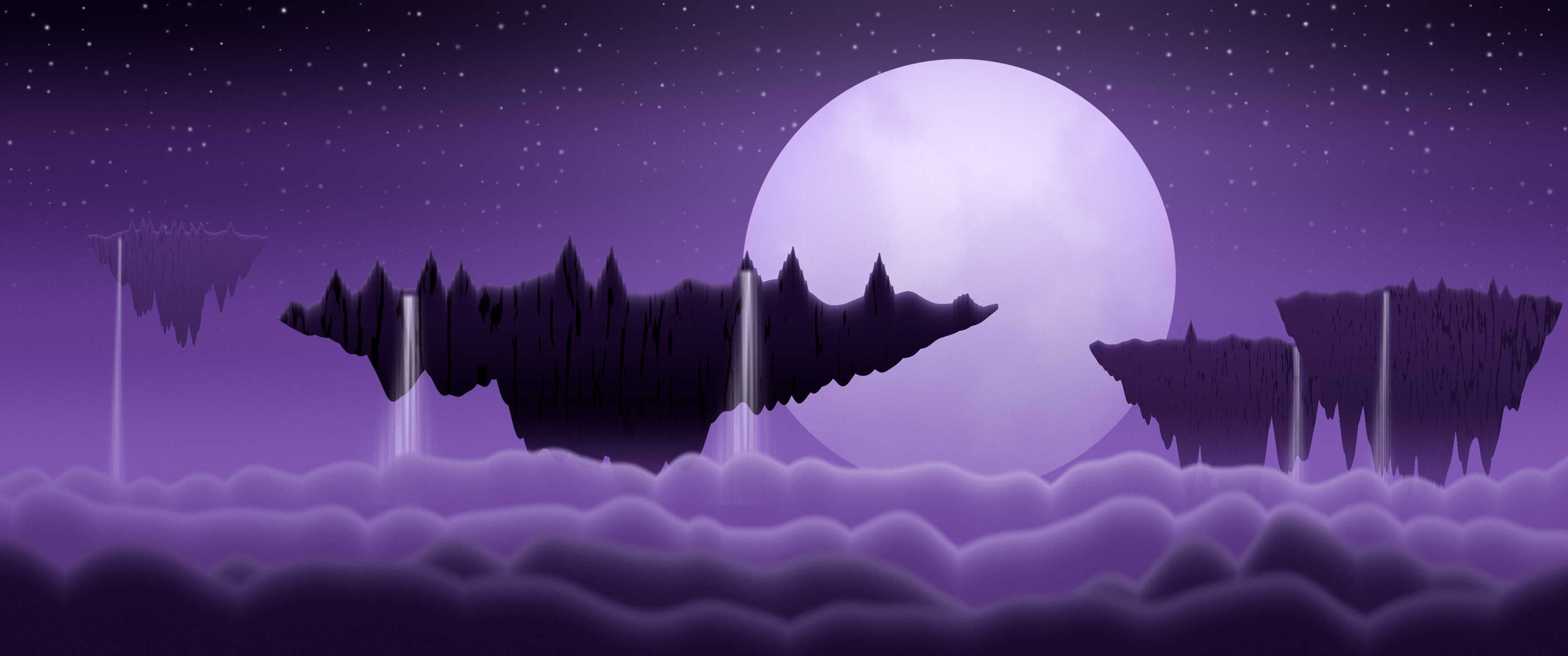Dark Purple Fantasy Floating Islands ultrawide wallpaper, 3440 × 1440