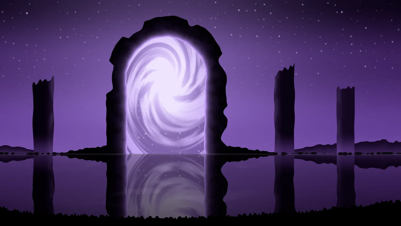 Dark Purple Fantasy Stone Portal desktop wallpaper in 4K