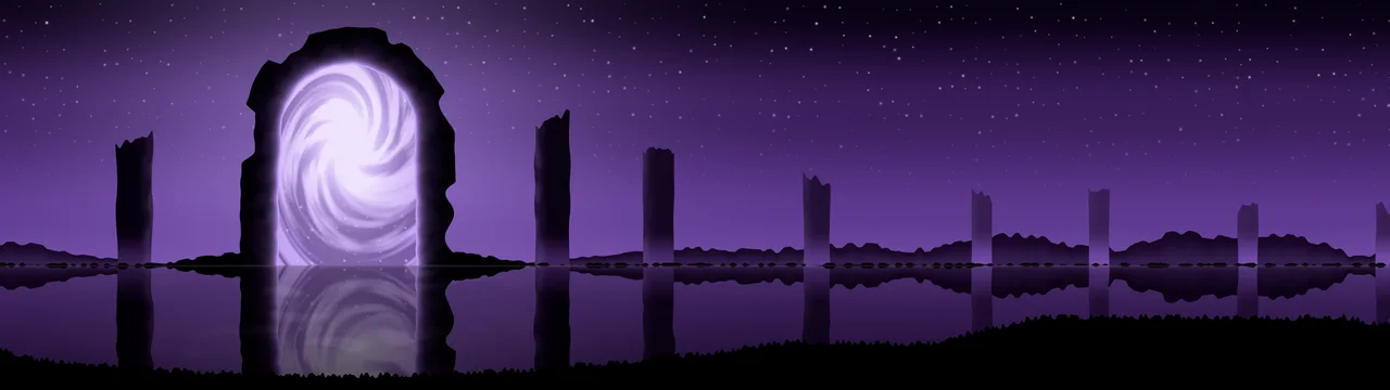 Dark Purple Fantasy Stone Portal dual monitor wallpaper, 7680 × 2160
