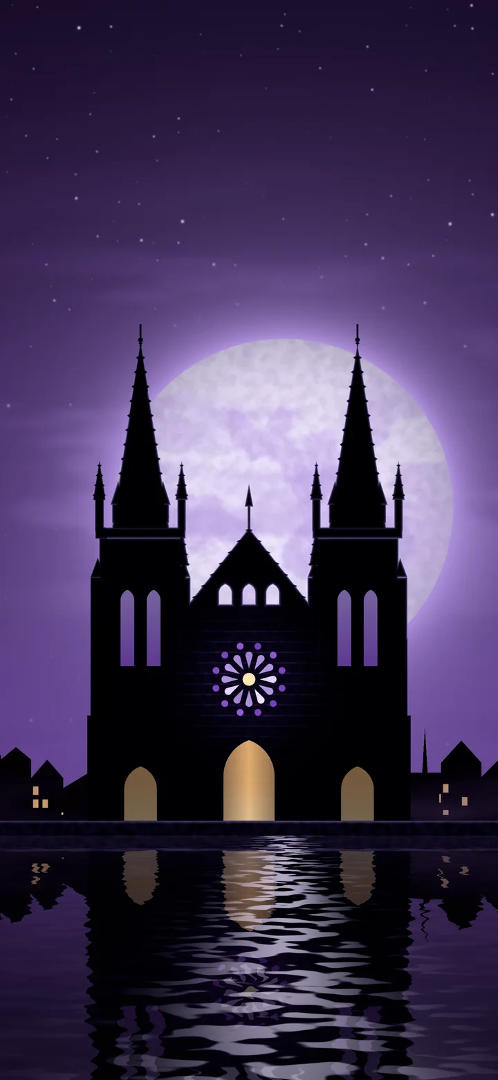 Dark Purple Gothic Cathedral and Full Moon wallpaper for iPhone and Android