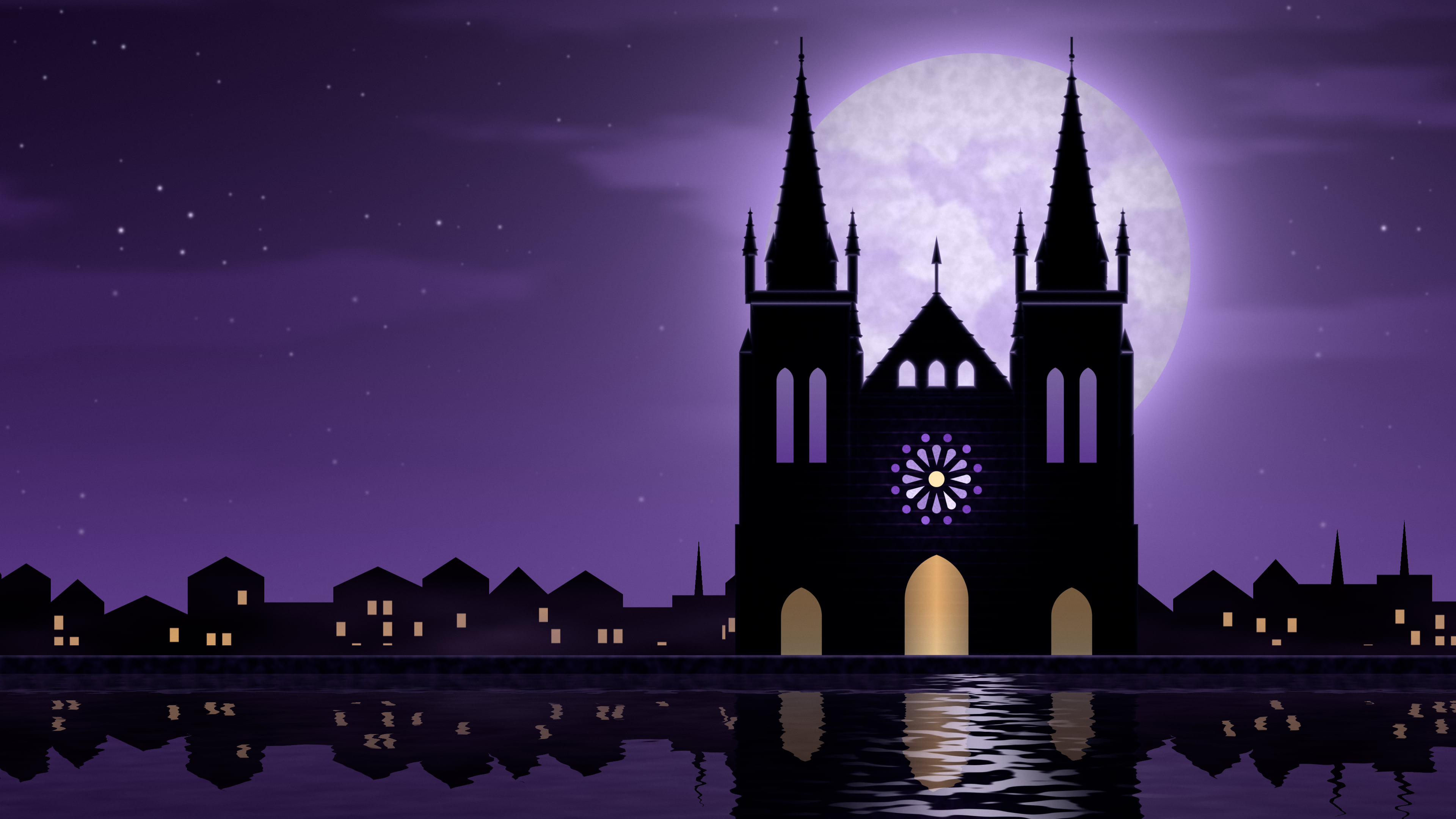 Dark Purple Gothic Cathedral and Full Moon desktop wallpaper in 4K