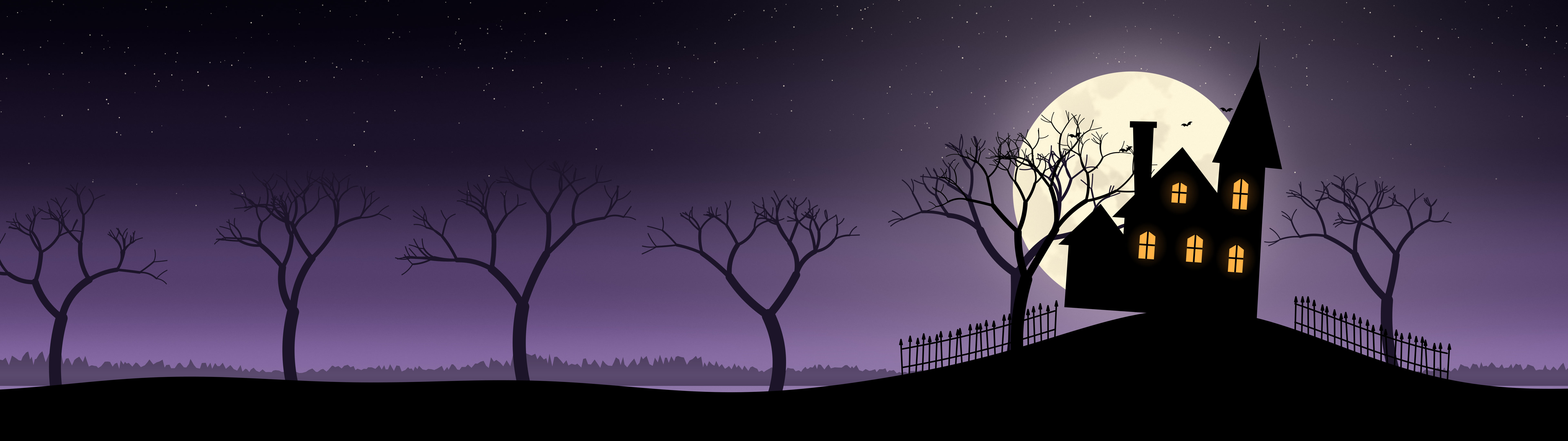 Dark Purple Haunted House dual monitor wallpaper, 7680 × 2160