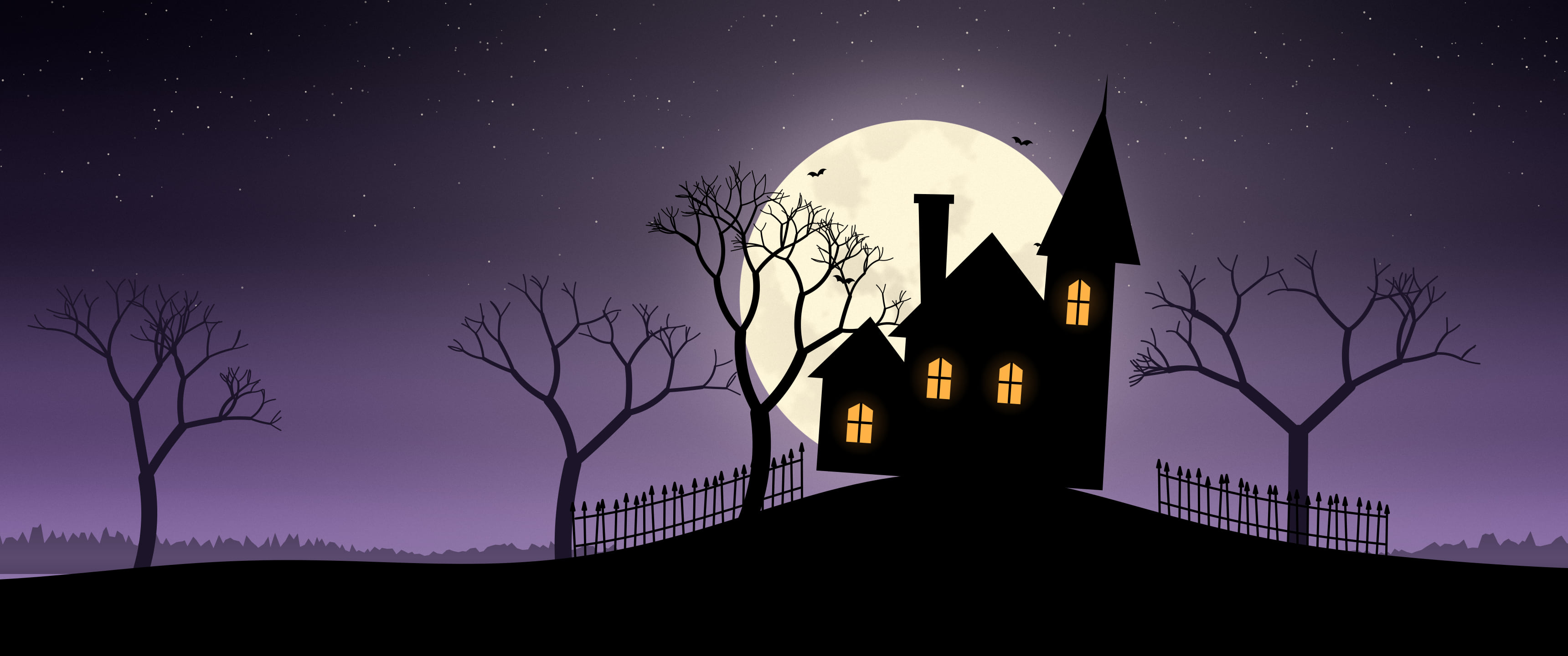 Dark Purple Haunted House ultrawide wallpaper, 3440 × 1440