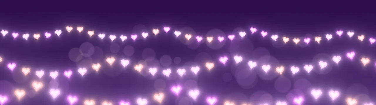 Dark Purple Heart String Lights dual monitor wallpaper, 7680 × 2160