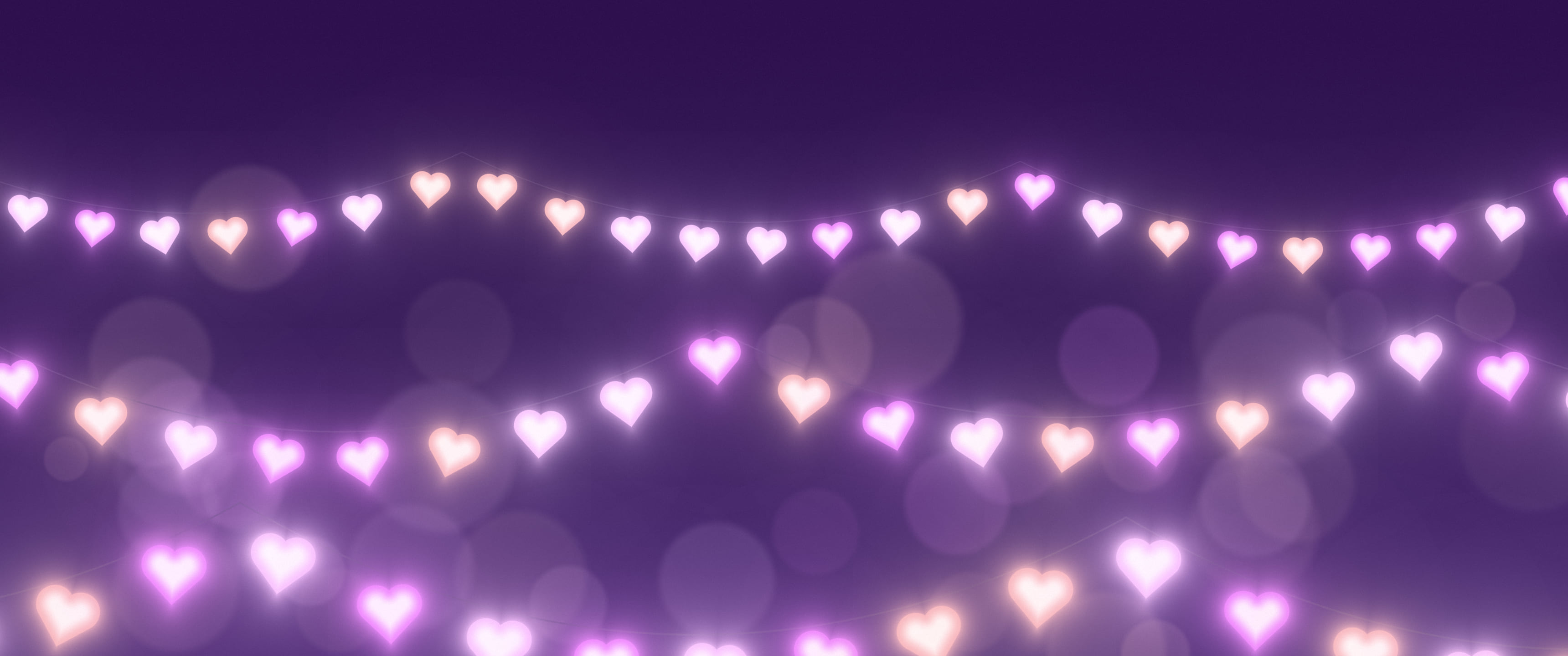 Dark Purple Heart String Lights ultrawide wallpaper, 3440 × 1440