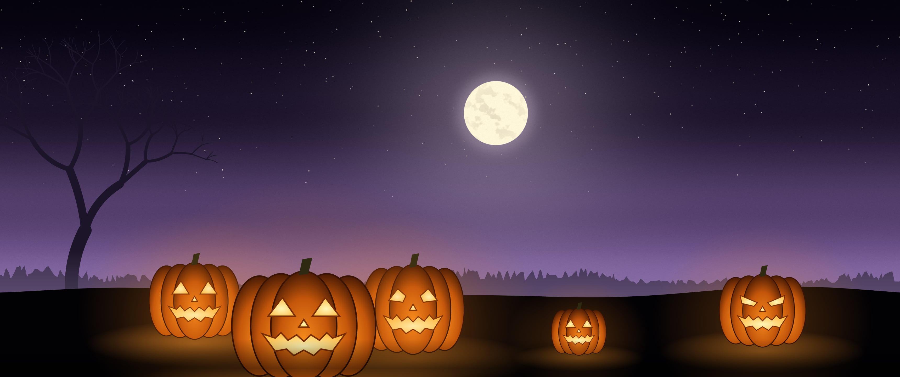 Dark Purple Jack O Lantern Pumpkins ultrawide wallpaper, 3440 × 1440