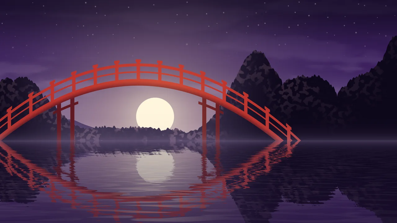 Dark Purple Japanese Garden Bridge desktop wallpaper in 4K