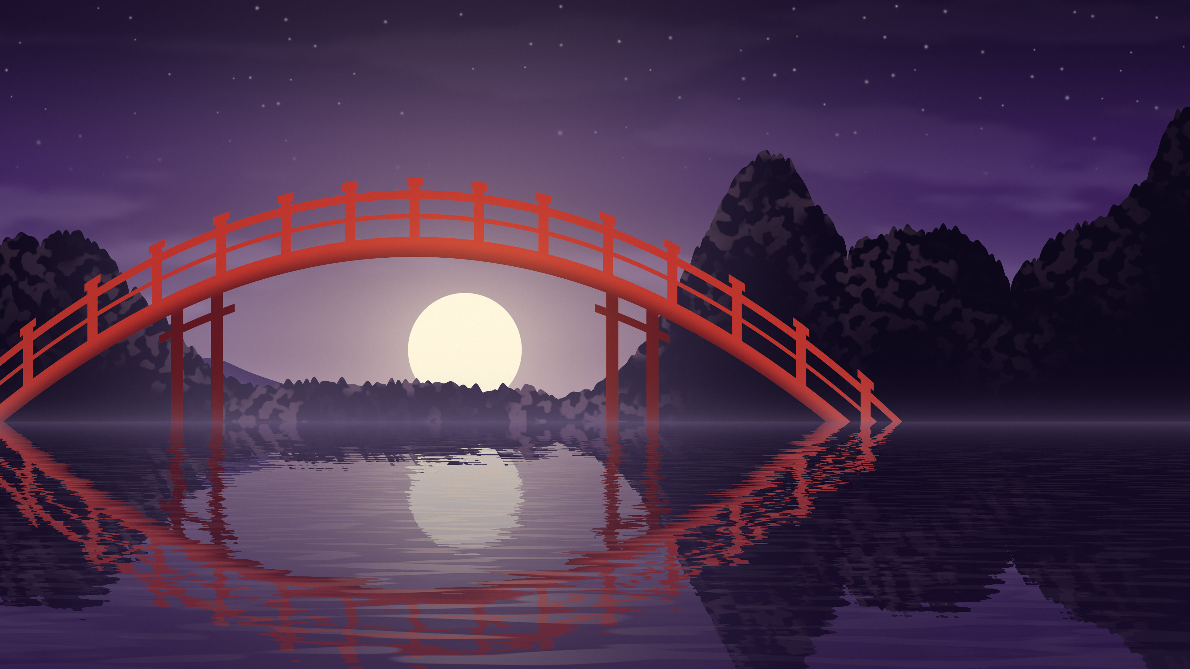 Dark Purple Japanese Garden Bridge desktop wallpaper in 4K