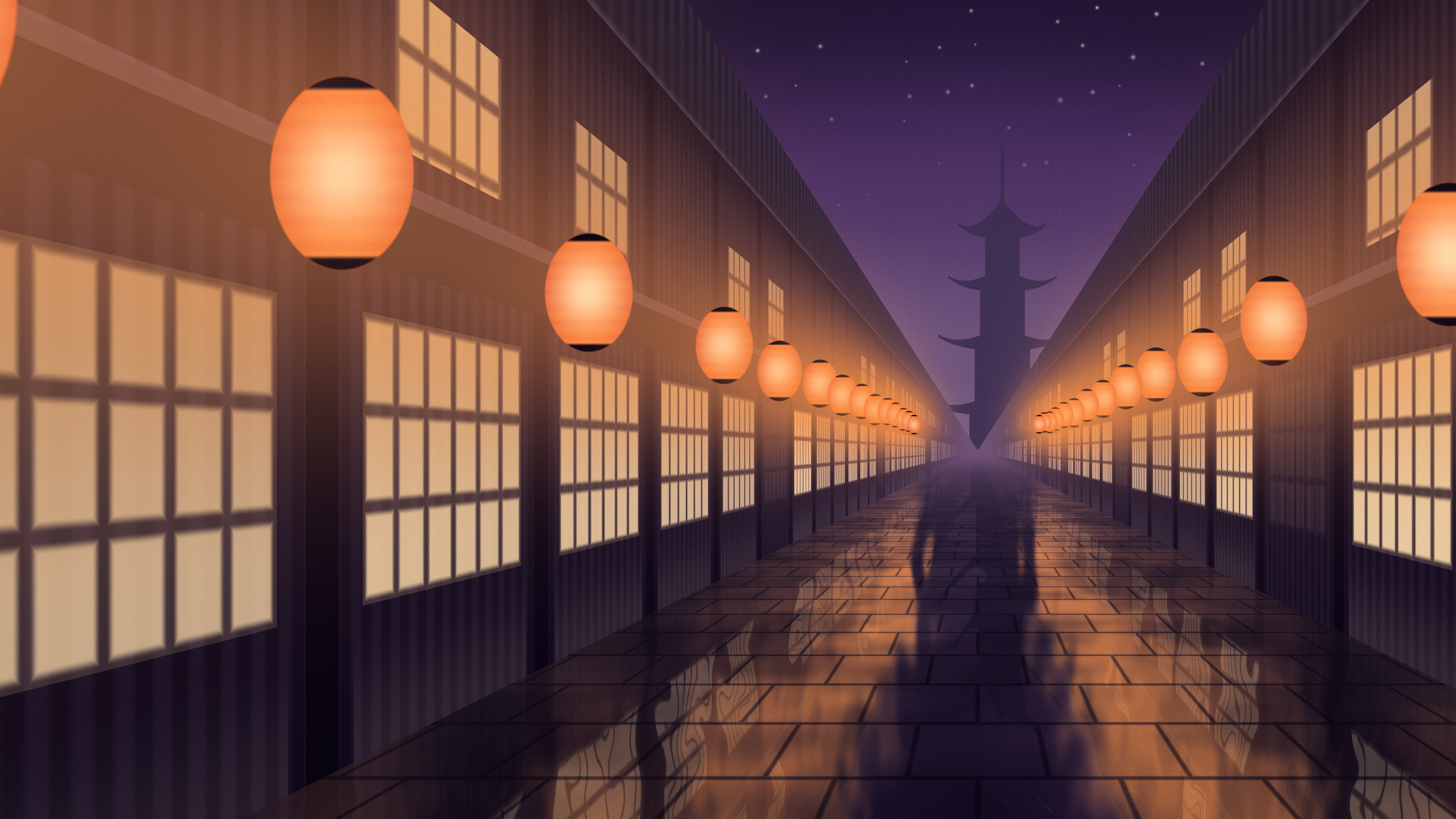 Dark Purple Japanese Lantern Street desktop wallpaper in 4K