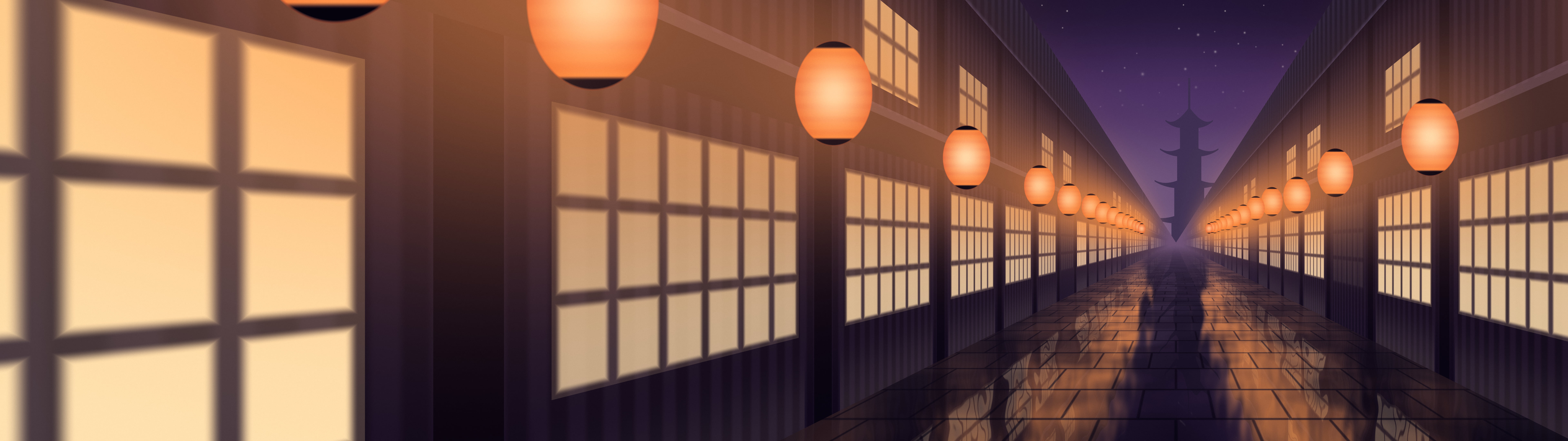 Dark Purple Japanese Lantern Street dual monitor wallpaper, 7680 × 2160
