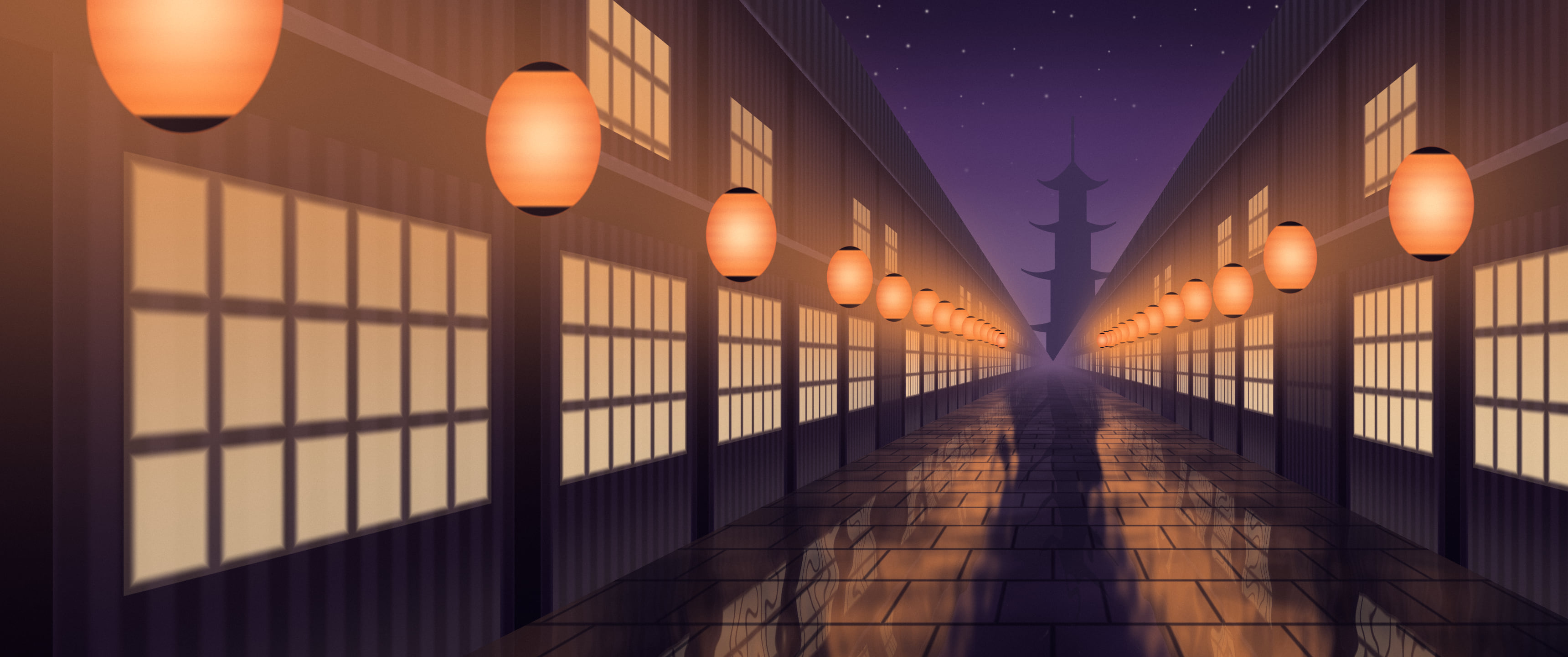 Dark Purple Japanese Lantern Street ultrawide wallpaper, 3440 × 1440
