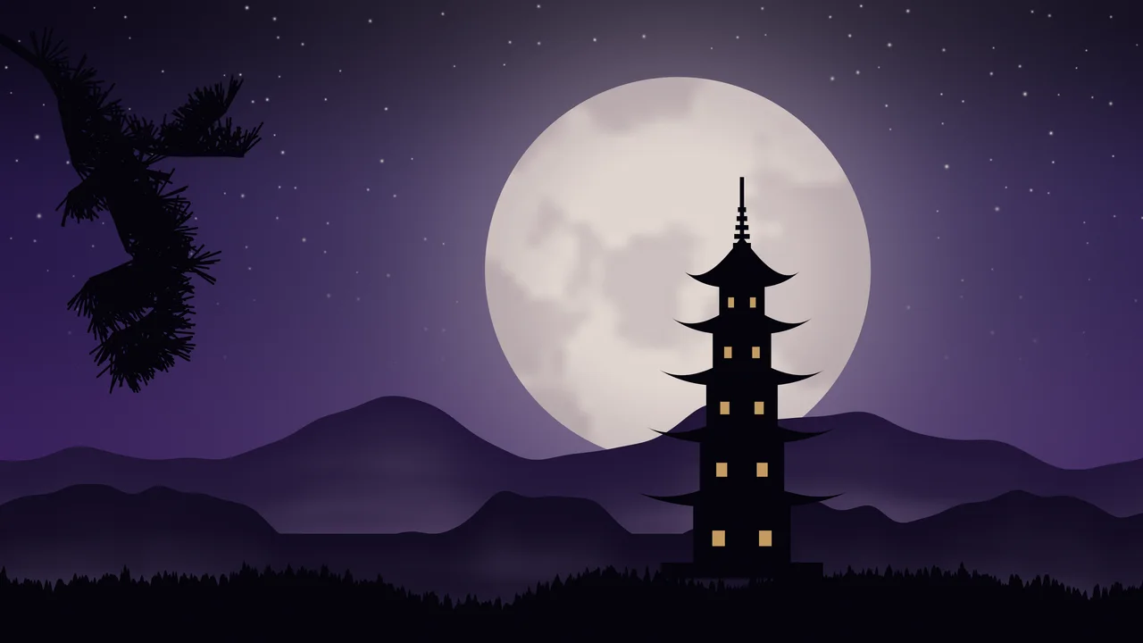 Dark Purple Japanese Pagoda and Moon desktop wallpaper in 4K