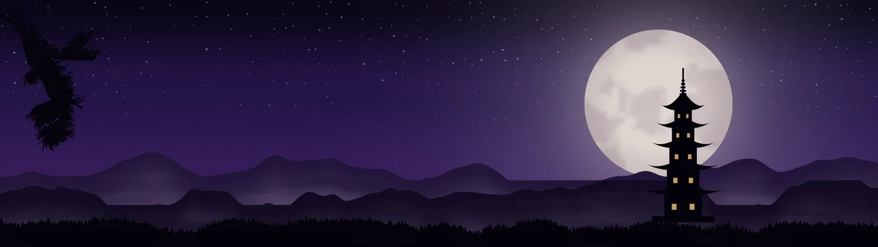 Dark Purple Japanese Pagoda and Moon dual monitor wallpaper, 7680 × 2160