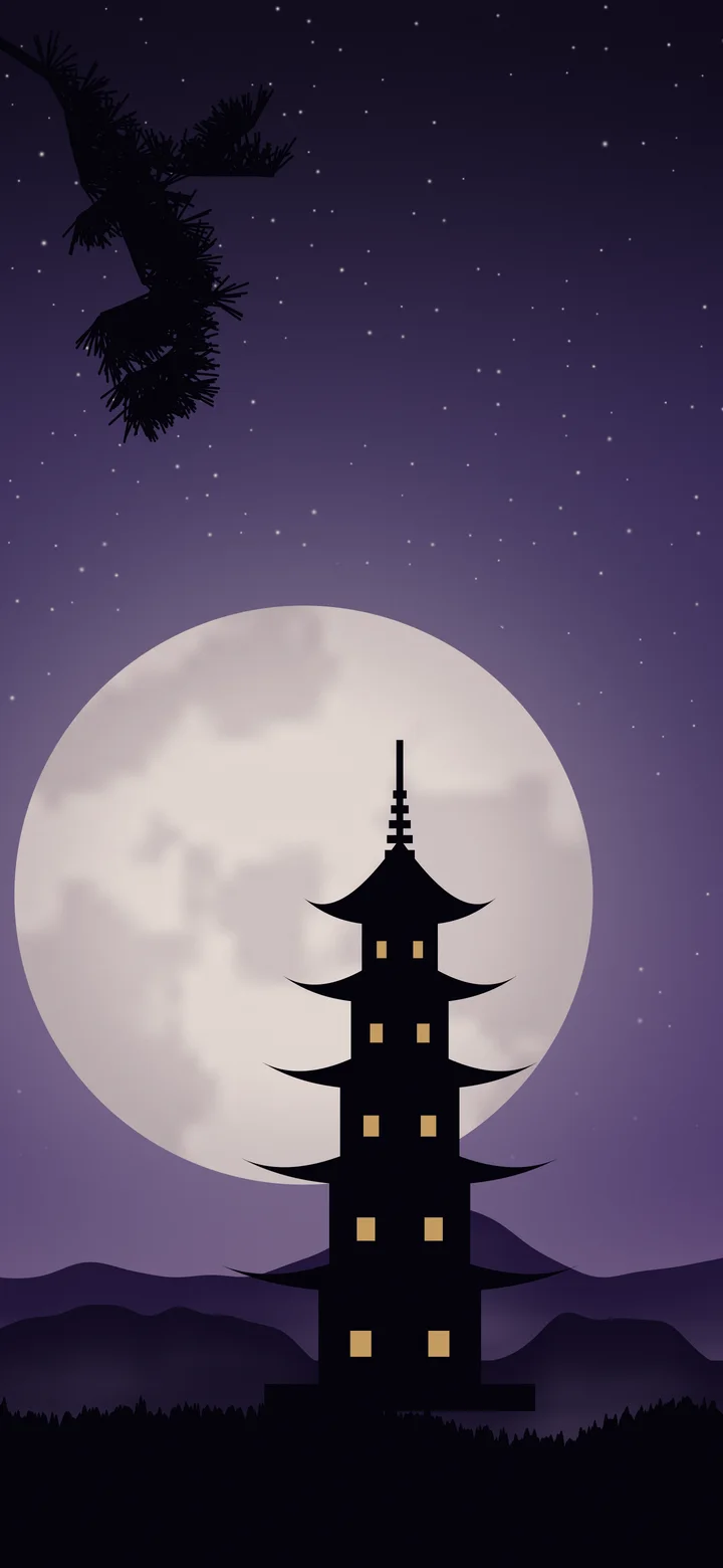 Dark Purple Japanese Pagoda and Moon wallpaper for iPhone and Android