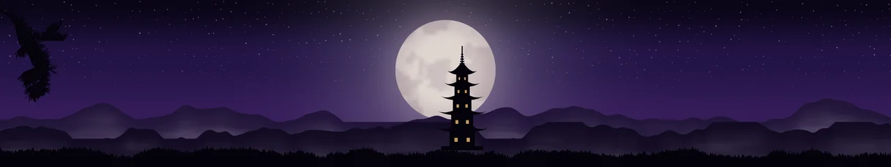 Dark Purple Japanese Pagoda and Moon triple monitor wallpaper, 7680 × 1440