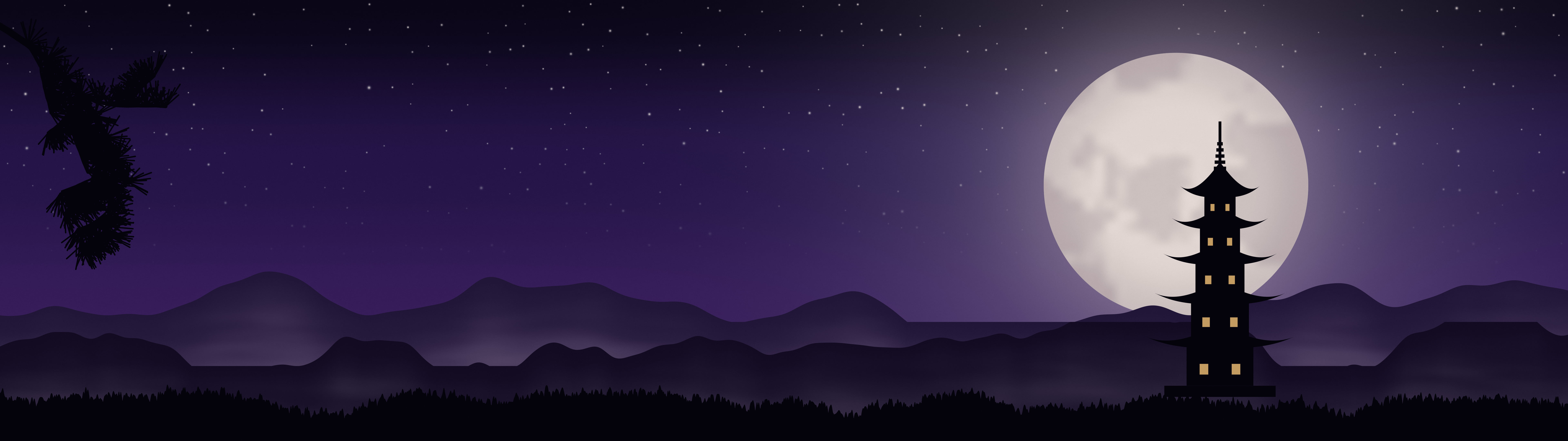 Dark Purple Japanese Pagoda and Moon dual monitor wallpaper, 7680 × 2160