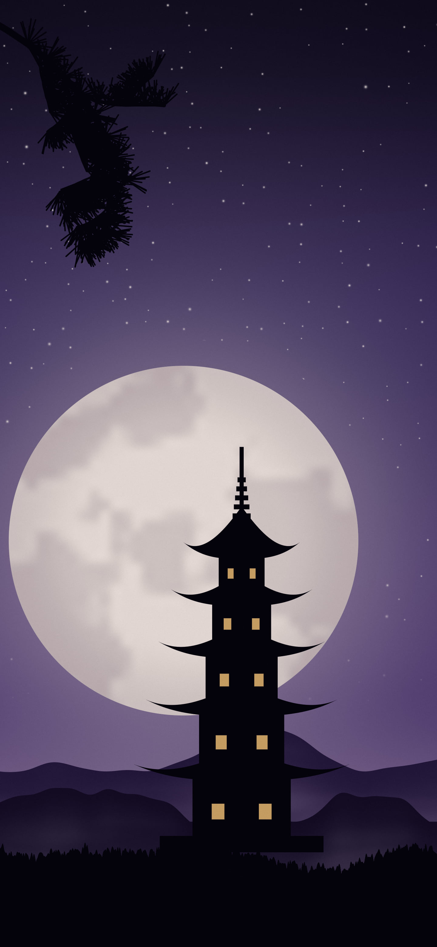 Dark Purple Japanese Pagoda and Moon wallpaper for iPhone and Android