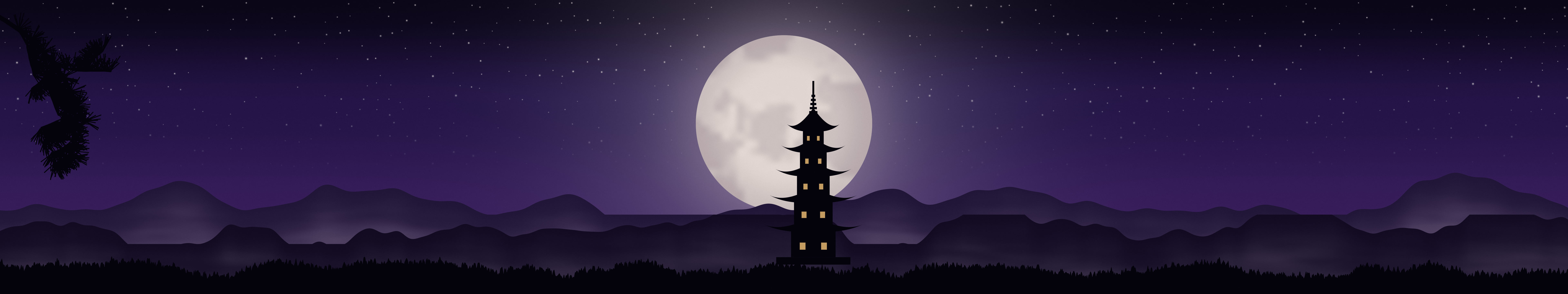 Dark Purple Japanese Pagoda and Moon triple monitor wallpaper, 7680 × 1440