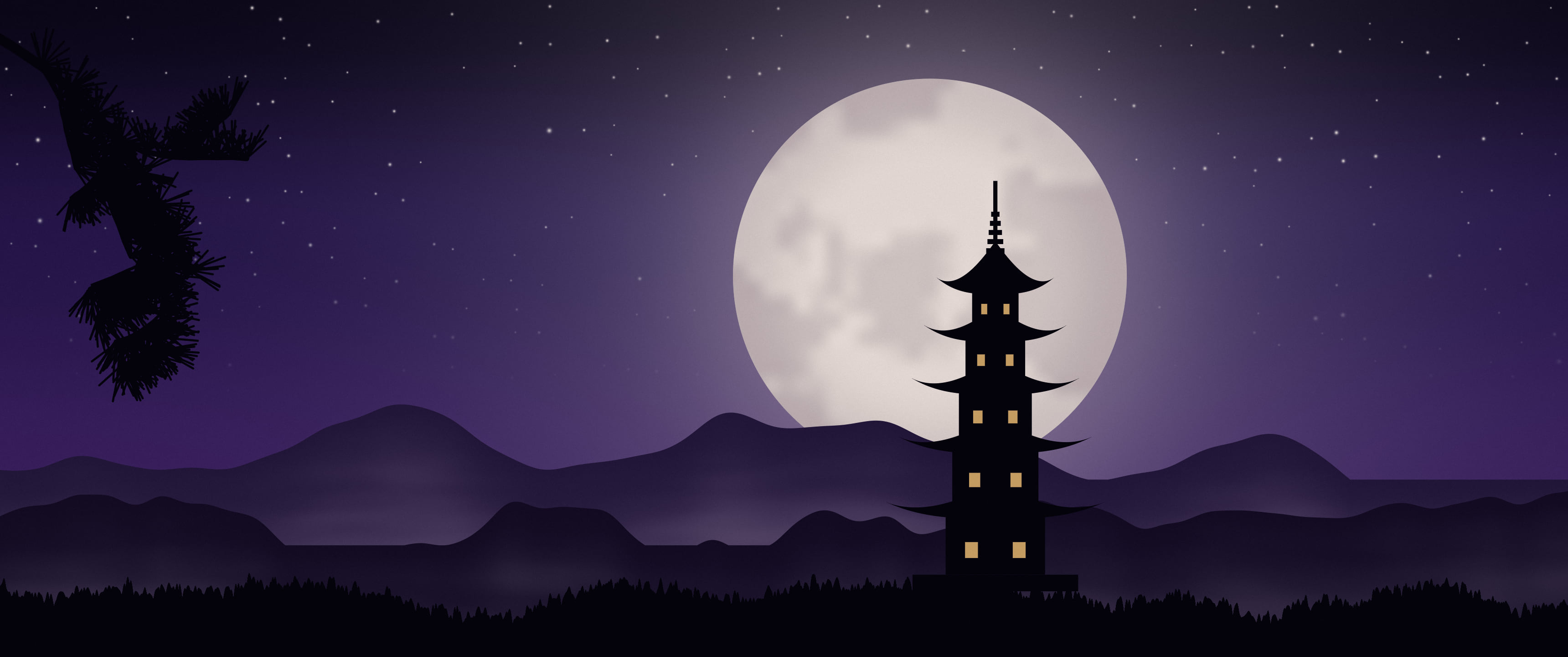 Dark Purple Japanese Pagoda and Moon ultrawide wallpaper, 3440 × 1440