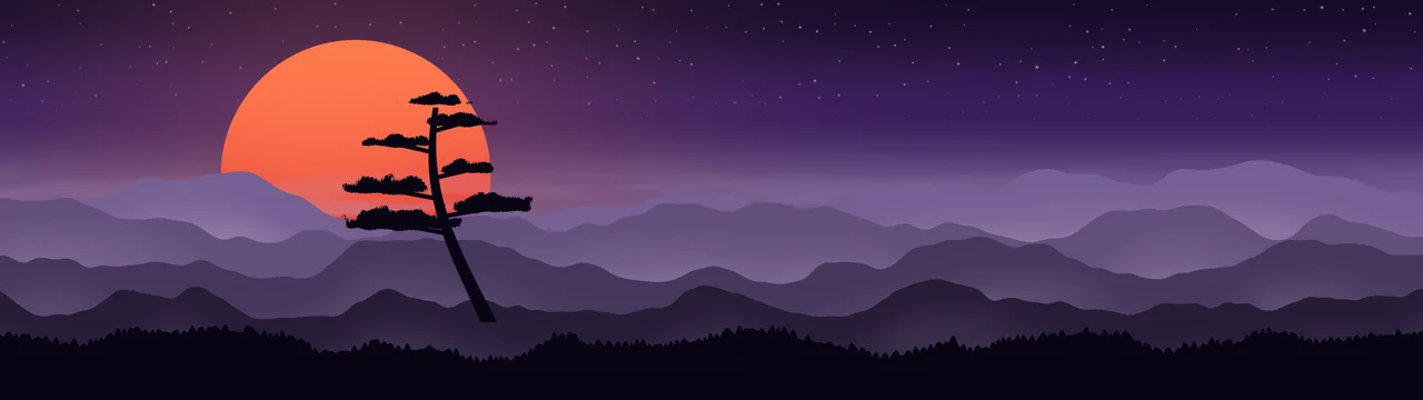 Dark Purple Japanese Sun and Misty Mountains dual monitor wallpaper, 7680 × 2160