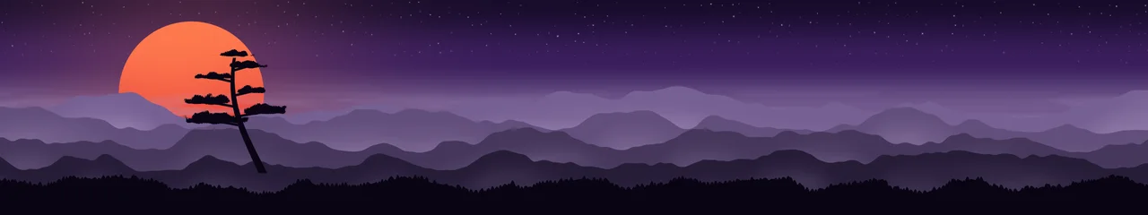 Dark Purple Japanese Sun and Misty Mountains triple monitor wallpaper, 7680 × 1440