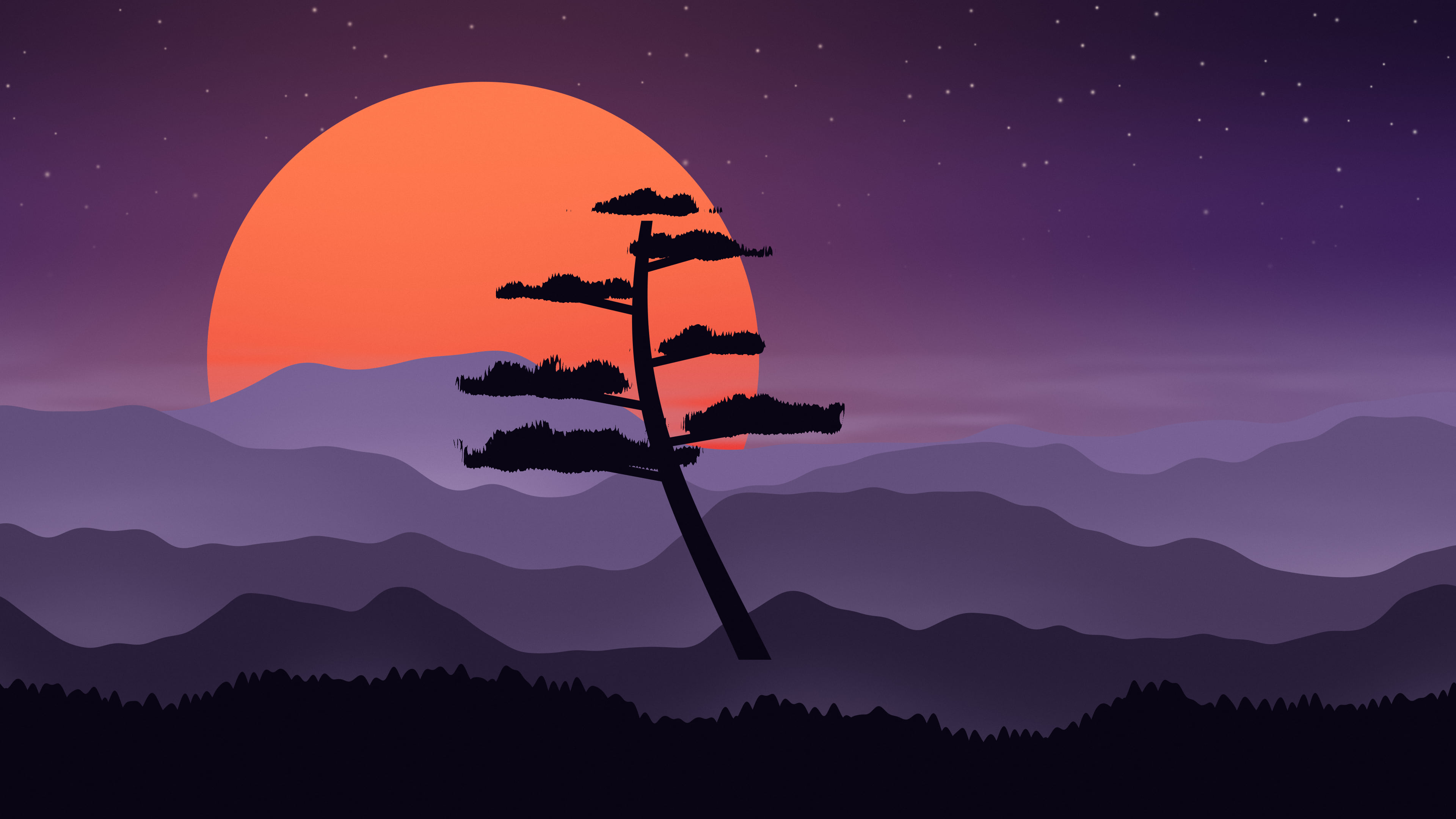 Dark Purple Japanese Sun and Misty Mountains desktop wallpaper in 4K